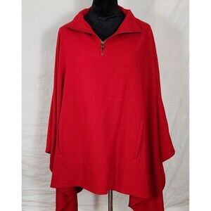 ST JOHNS BAY Wool Blend Cape 1/4 Zip Poncho Sweater One Size Red Pockets